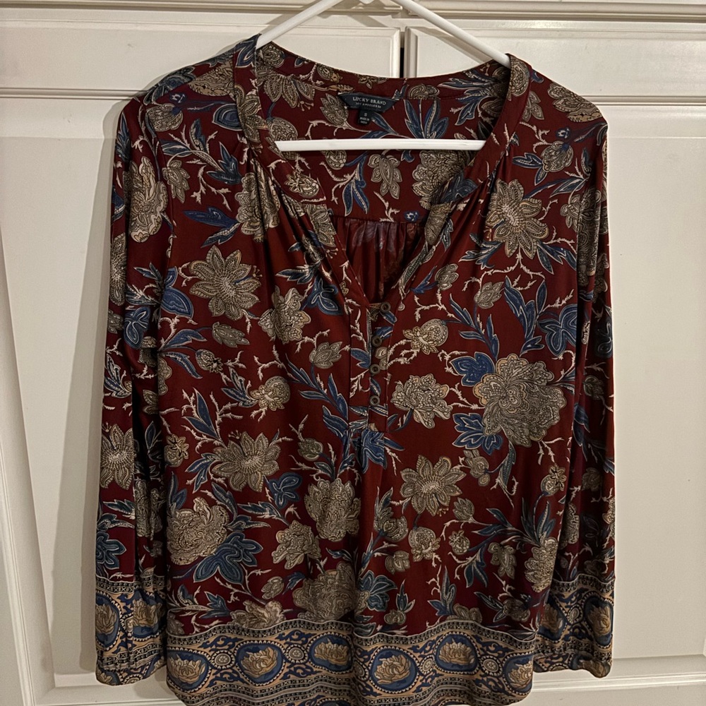 Lucky Brand Mix Print Boho Top. Red turquoise. Size‎ small. Long sleeve